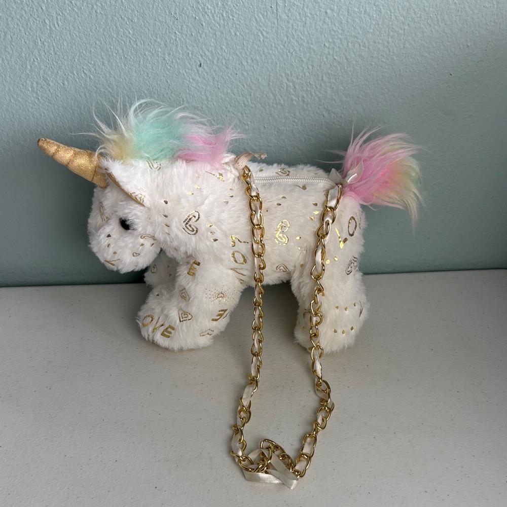 Toby Enterprises Plush White Rainbow Hair Unicorn Crossbody Bag w/ Gold Accents